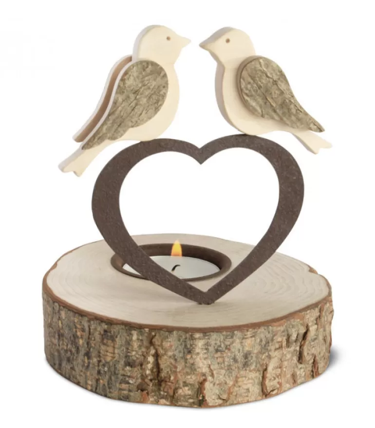 Clearance Bougeoir En Bois, 2 Oiseaux Sur Un Coeur, 13 Cm Bougeoirs En Bois