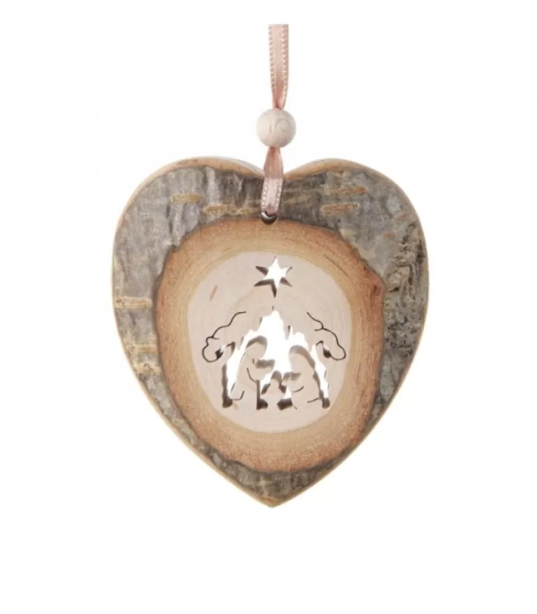 Sale Coeur En Bois A Suspendre Motif Cisele Crèche, 7 Cm Décorations En Bois Pour Sapin De Noël