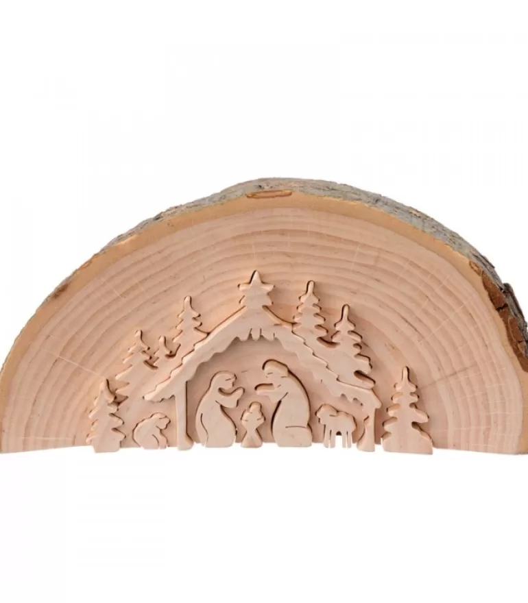 Fashion Crèche De Noël En Relief, Taillee Dans Un Rondin De Bois, 15 Cm Crèche De Noël Artisanale