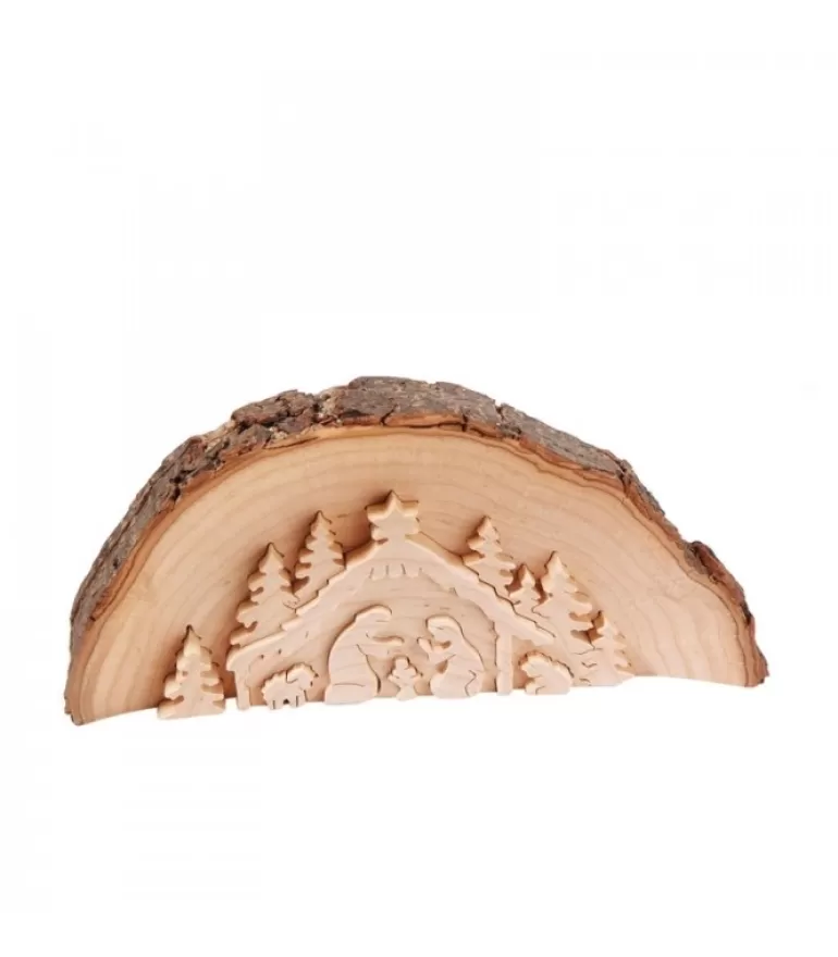 New Crèche De Noël En Relief, Taillee Dans Un Rondin De Bois, 20 Cm Crèche De Noël Artisanale