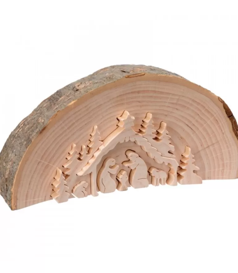 Fashion Crèche De Noël En Relief, Taillee Dans Un Rondin De Bois, 15 Cm Crèche De Noël Artisanale