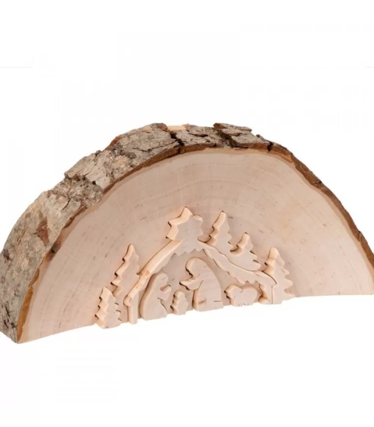 Hot Crèche De Noël En Relief, Taillee Dans Un Rondin De Bois, 12 Cm Crèche De Noël Artisanale