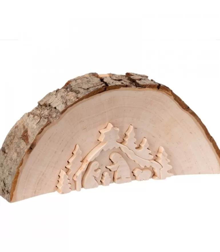 Hot Crèche De Noël En Relief, Taillee Dans Un Rondin De Bois, 12 Cm Crèche De Noël Artisanale