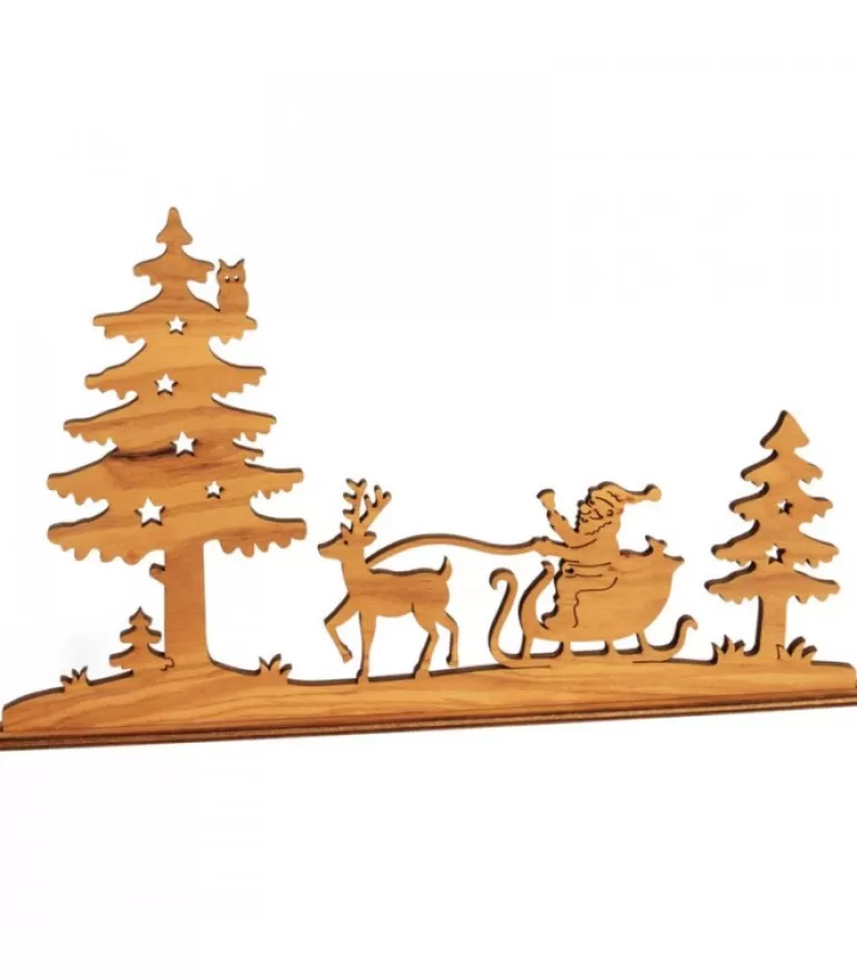 Online Diorama En Placage D'Olivier, Père Noël En Traineau Dans La Foret,12 Cm Père Noël En Bois