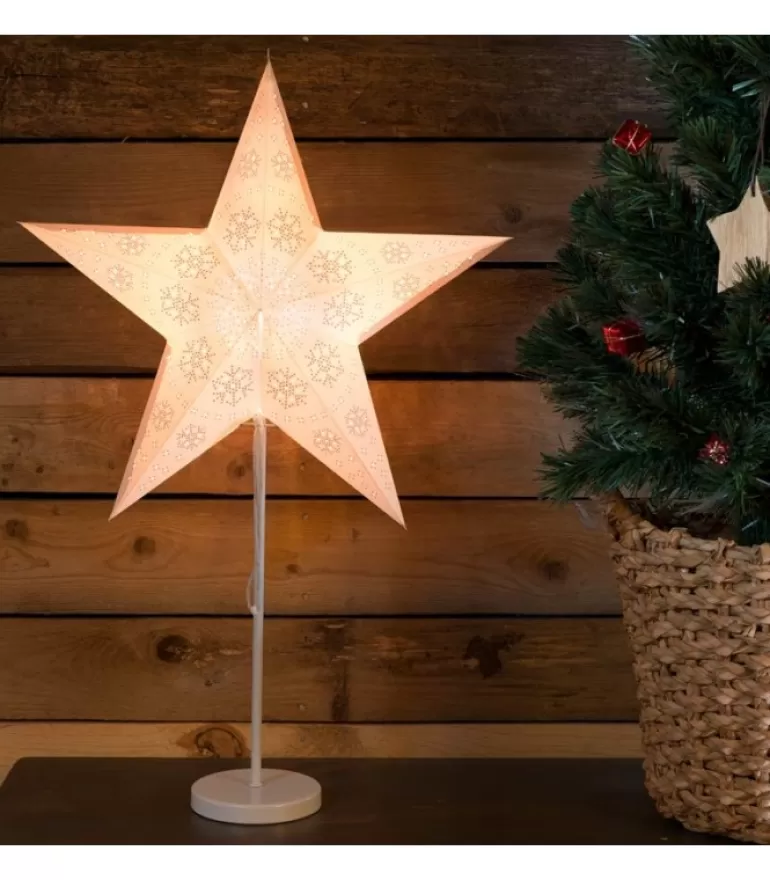 Store Etoile Lumineuse Electrique 5 Branches En Papier, Blanche, Sur Pied Blanc, 46 Cm Etoile Lumineuse