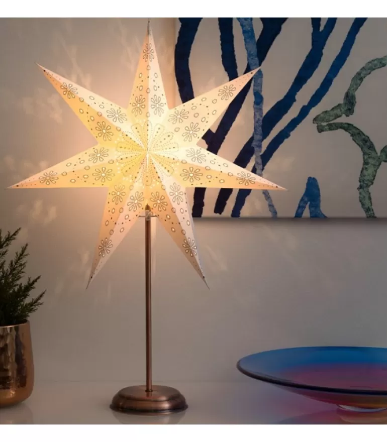 Sale Etoile Lumineuse Electrique 7 Branches En Papier, Blanche, Sur Pied Cuivre 48 Cm Etoile Lumineuse