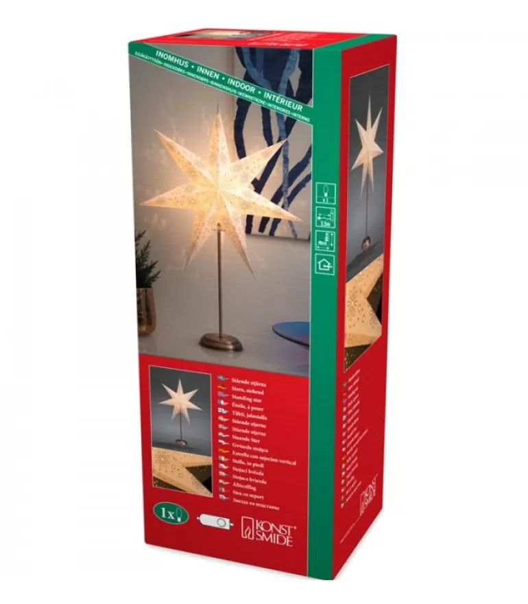 Sale Etoile Lumineuse Electrique 7 Branches En Papier, Blanche, Sur Pied Cuivre 48 Cm Etoile Lumineuse
