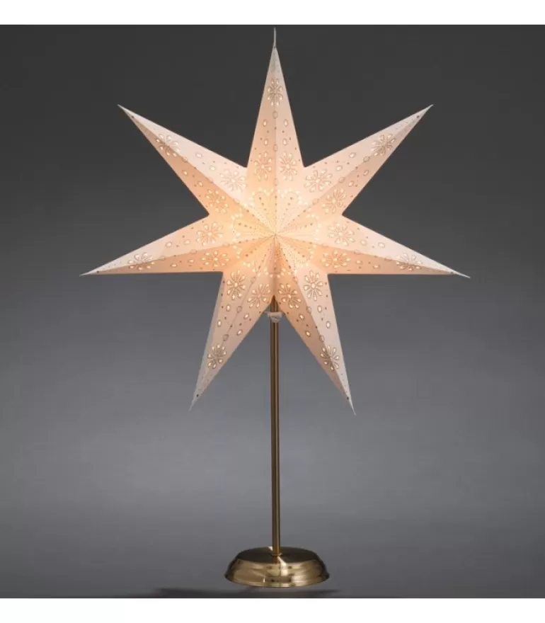 Store Etoile Lumineuse Electrique 7 Branches En Papier, Blanche, Sur Pied Laiton, 48 Cm Etoile Lumineuse