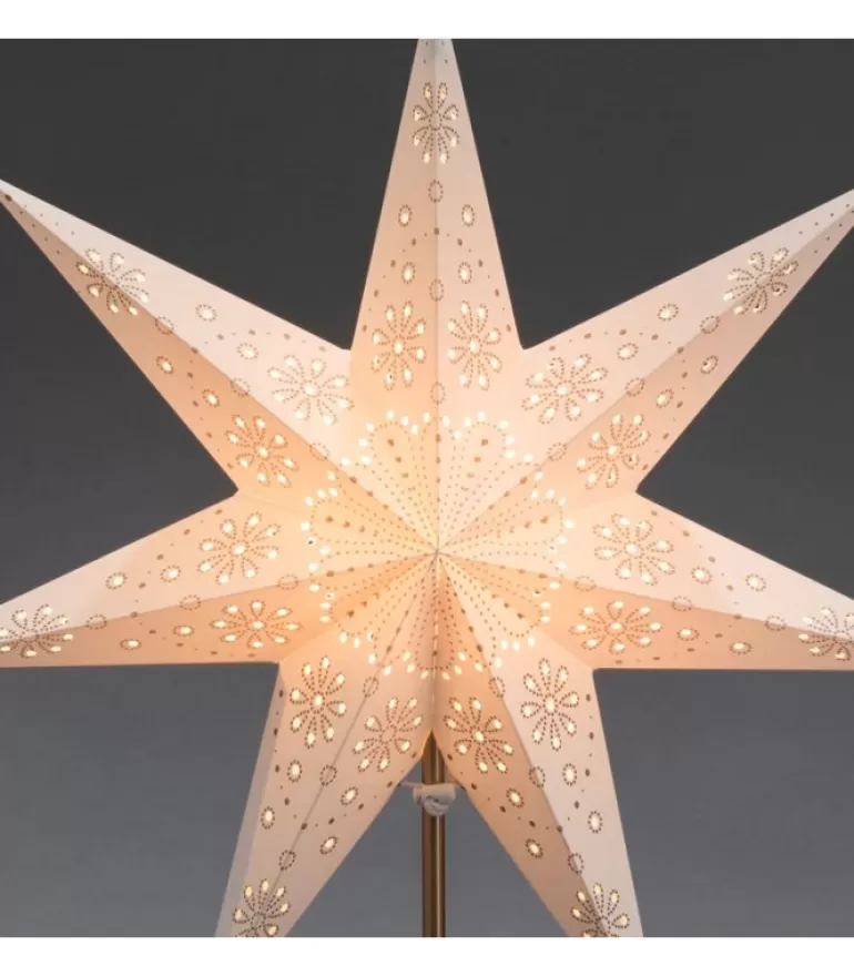 Store Etoile Lumineuse Electrique 7 Branches En Papier, Blanche, Sur Pied Laiton, 48 Cm Etoile Lumineuse