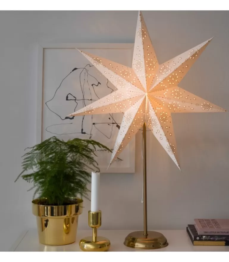 Store Etoile Lumineuse Electrique 7 Branches En Papier, Blanche, Sur Pied Laiton, 48 Cm Etoile Lumineuse