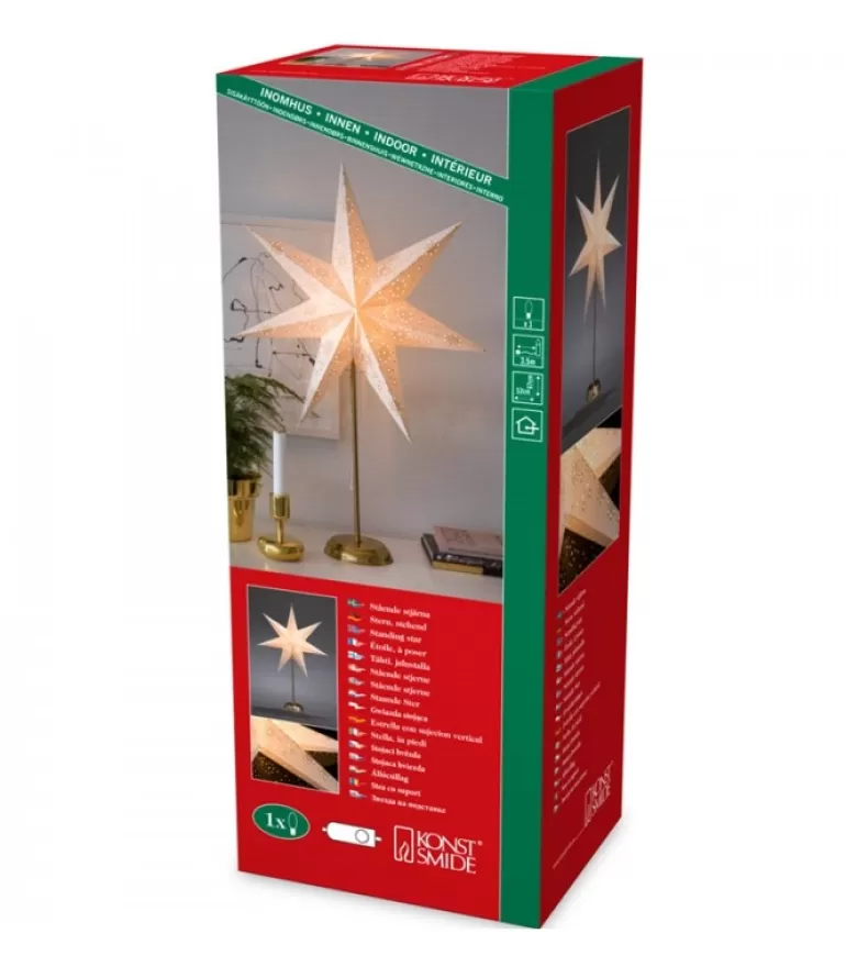 Store Etoile Lumineuse Electrique 7 Branches En Papier, Blanche, Sur Pied Laiton, 48 Cm Etoile Lumineuse