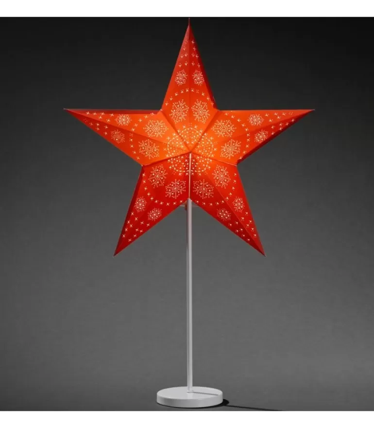 Clearance Etoile Lumineuse Electrique 5 Branches En Papier, Rouge, Sur Pied Blanc, 46 Cm Etoile Lumineuse
