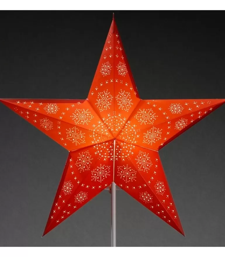 Clearance Etoile Lumineuse Electrique 5 Branches En Papier, Rouge, Sur Pied Blanc, 46 Cm Etoile Lumineuse