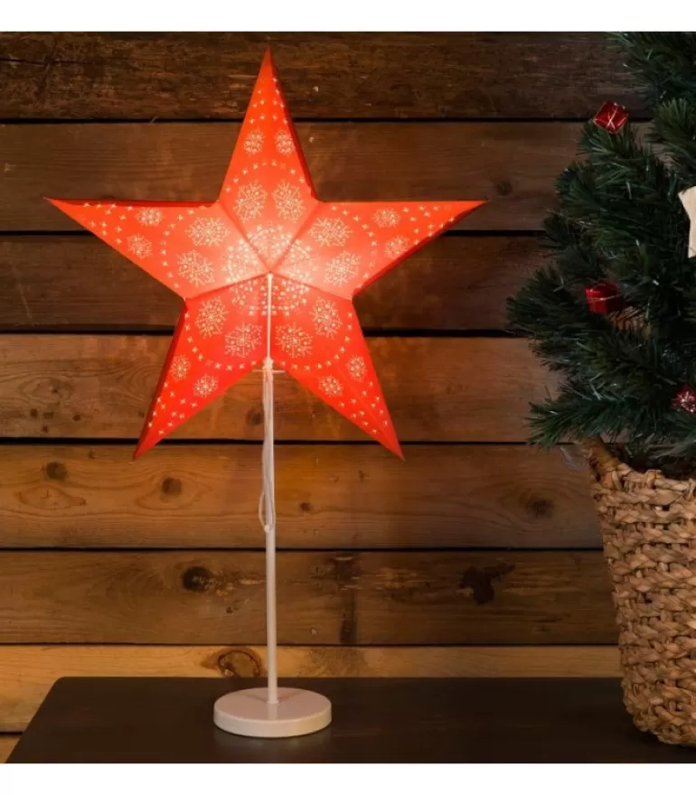 Clearance Etoile Lumineuse Electrique 5 Branches En Papier, Rouge, Sur Pied Blanc, 46 Cm Etoile Lumineuse