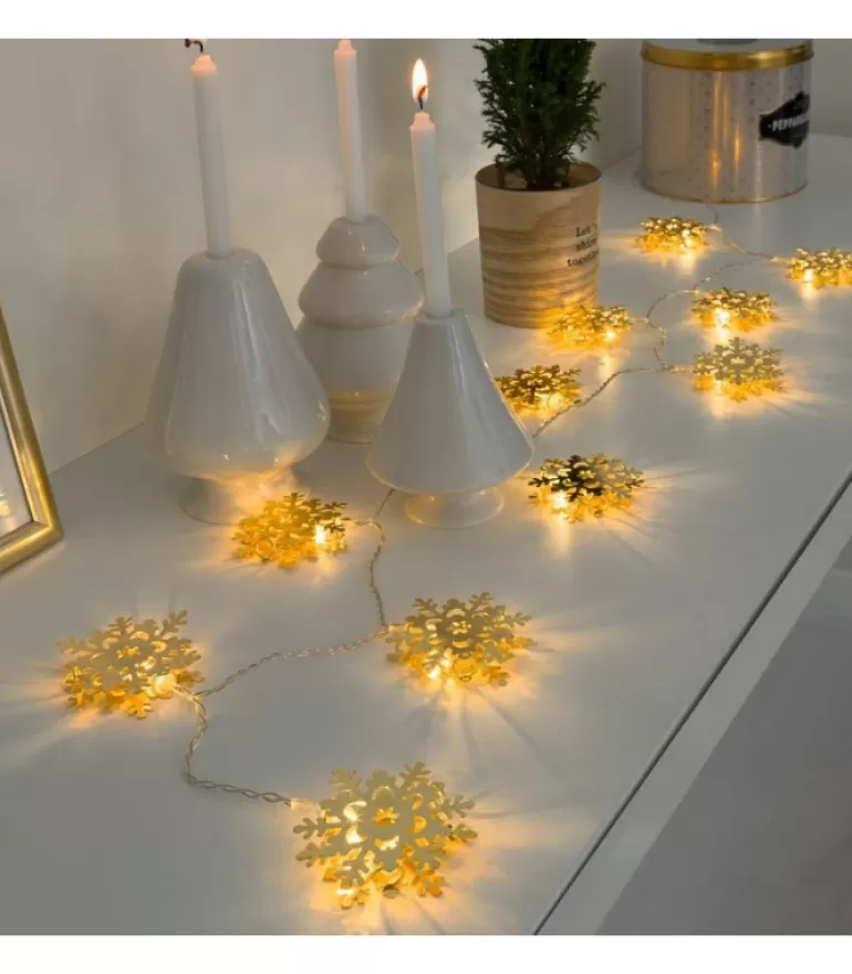 Discount Guirlande Lumineuse Décorative A Led, Flocons De Neige Metalliques Dores Guirlande Lumineuse Intérieure À Led