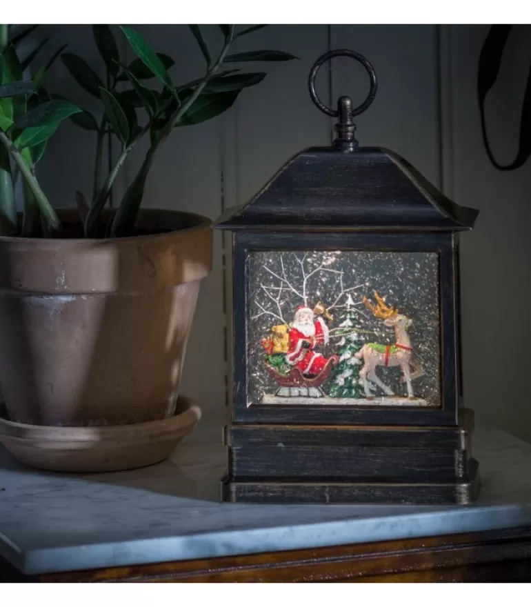 Outlet Lanterne À Neige A Led Avec Père Noël Dans Son Traineau, 25 Cm Lanternes De Noël À Neige