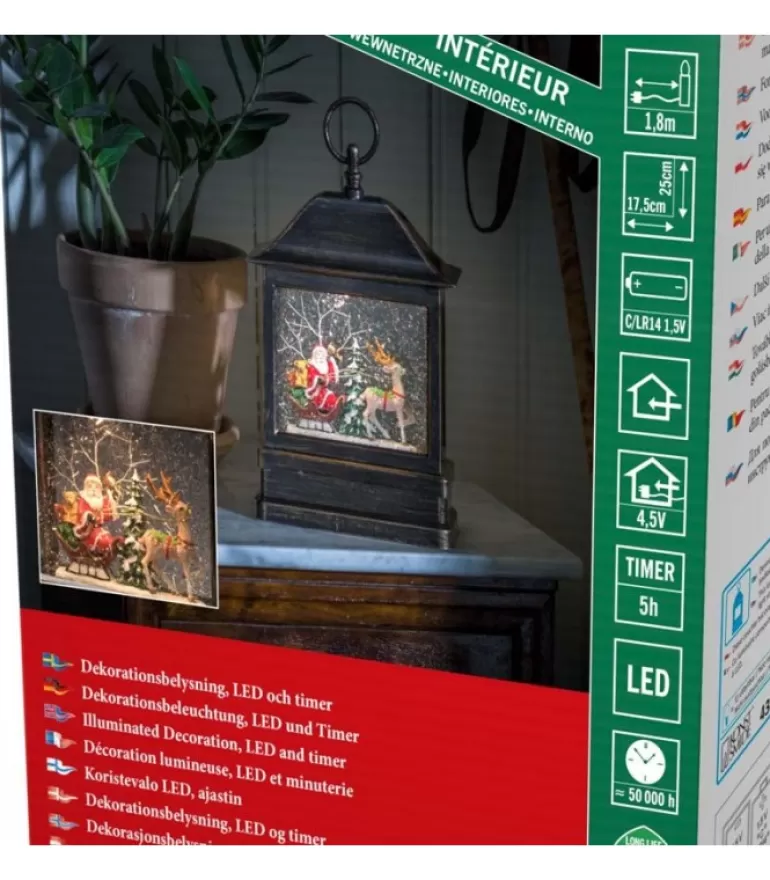 Outlet Lanterne À Neige A Led Avec Père Noël Dans Son Traineau, 25 Cm Lanternes De Noël À Neige