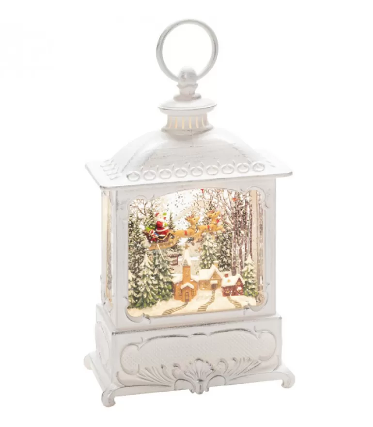 Store Lanterne De Noël Blanche, Père Noël Volant Au-Dessus D'Un Village Lanternes De Noël À Neige