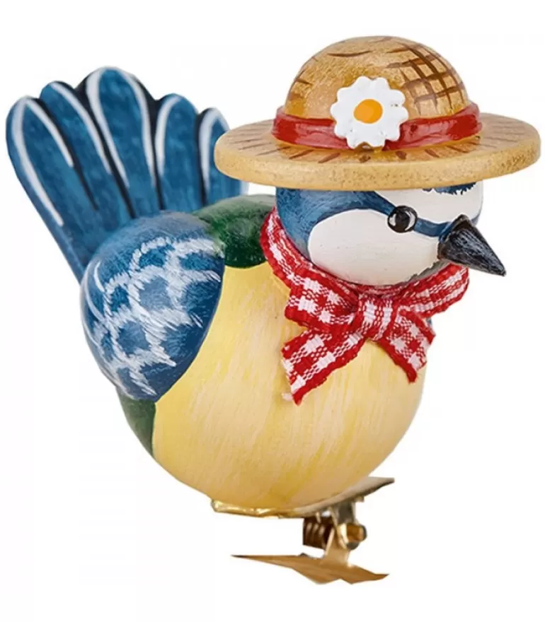 Fashion Oiseau Décoratif, Mesange Bleue Et Noeud Rouge, 6 Cm Oiseau Décoratif