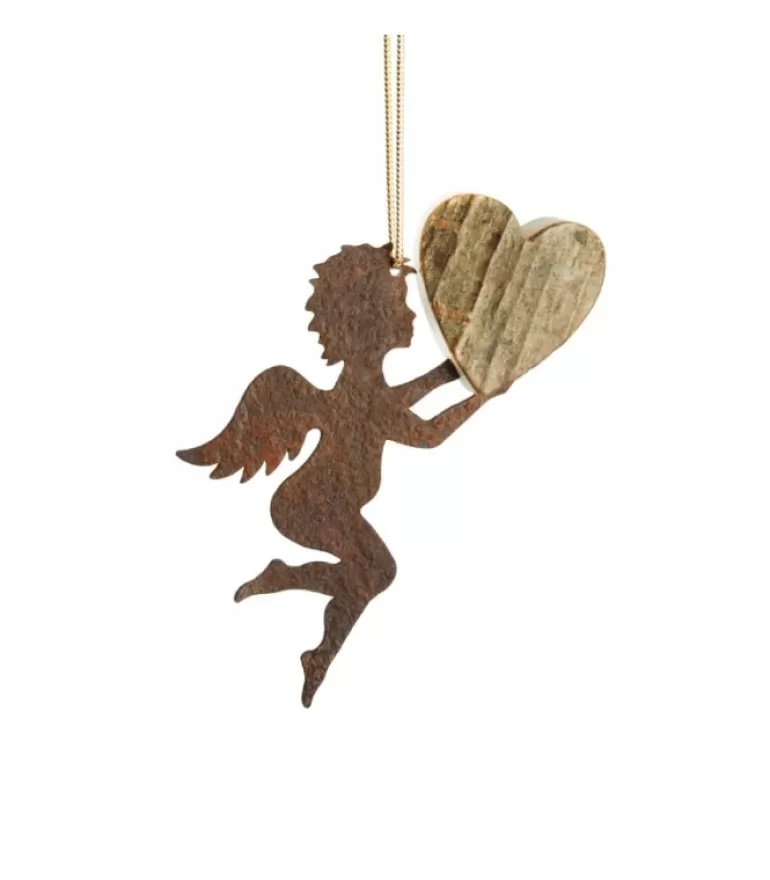 Store Petit Ange En Metal A Suspendre Et Coeur En Bois Anges De Noël Pour Sapin