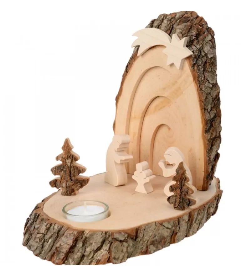 Outlet Petite Crèche De Noël En Ecorce De Bois Avec Sapins Et Bougeoir Crèche De Noël Artisanale