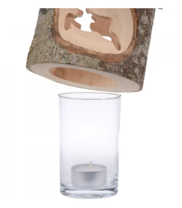 Hot Photophore En Bois Avec 2 Motifs En Bois Cisele, Renne Photophore Bois