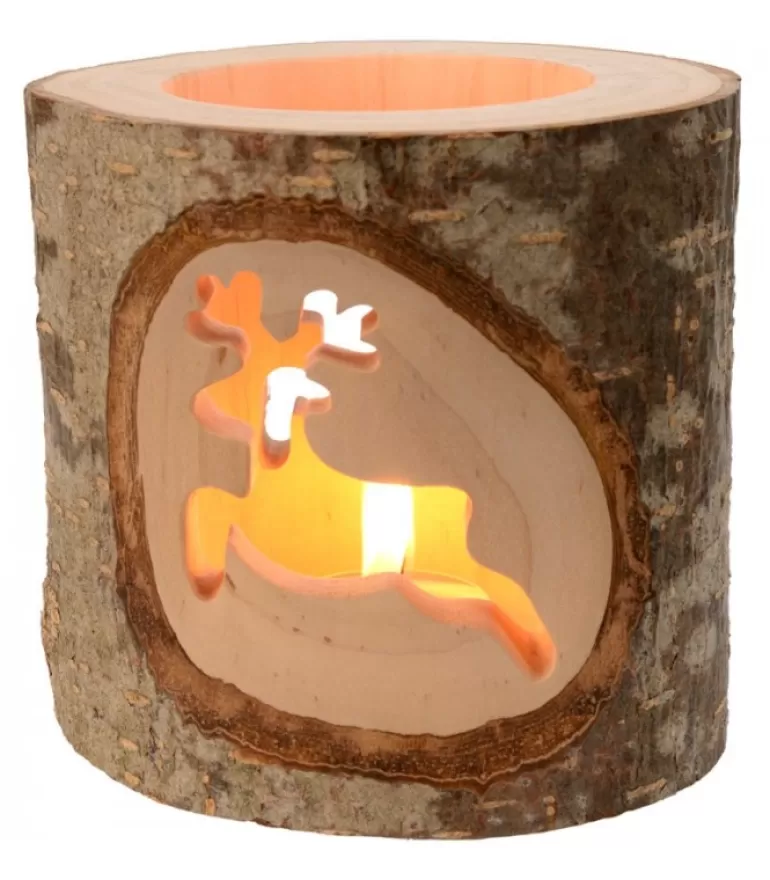 Hot Photophore En Bois Avec 2 Motifs En Bois Cisele, Renne Photophore Bois
