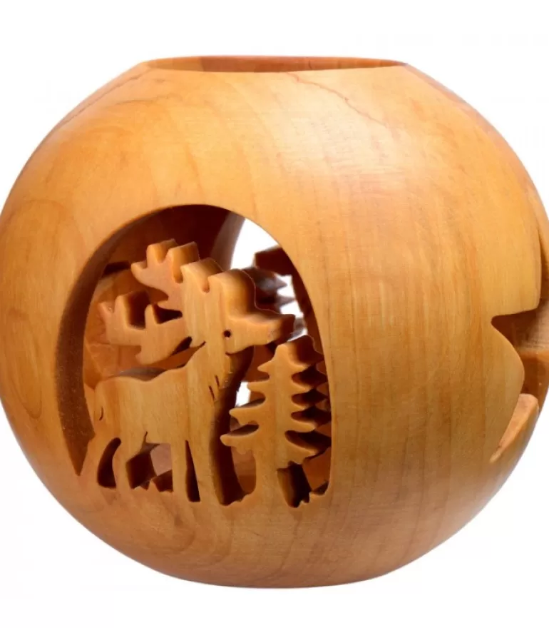 Flash Sale Photophore En Bois Forme Spherique, Motif Cerf En Foret Photophore Bois