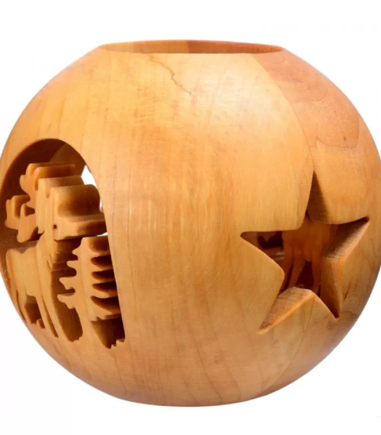 Flash Sale Photophore En Bois Forme Spherique, Motif Cerf En Foret Photophore Bois