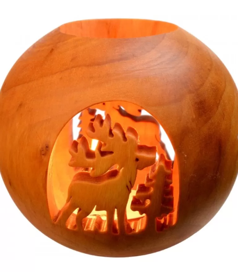 Flash Sale Photophore En Bois Forme Spherique, Motif Cerf En Foret Photophore Bois