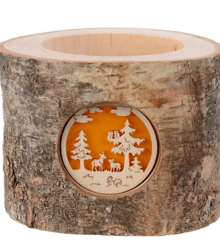 Sale Photophore En Rondin De Bois, 1 Motif Animaux De La Foret Photophore Bois