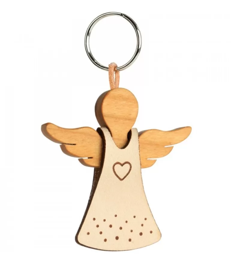 Hot Porte-Cle Ange Avec Coeur Et Robe En Cuir N°1, 5,5 Cm Porte-Clés En Bois