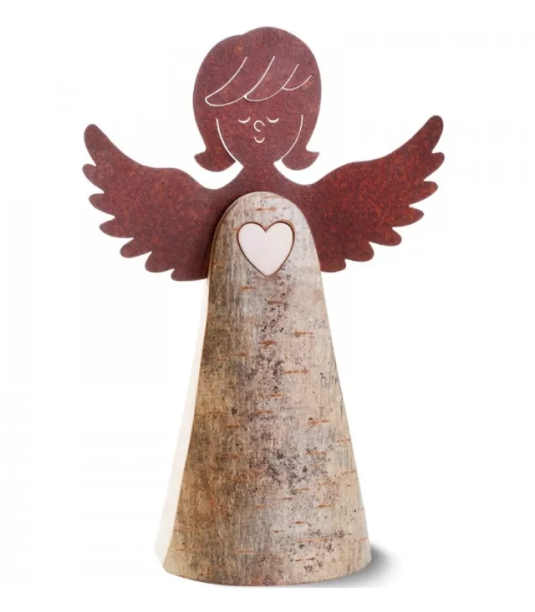 Online Statuette Ange En Bois Avec Coeur Et Ailes Metal, 26 Cm Anges De Noël En Bois